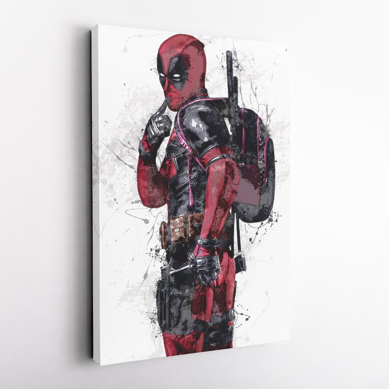 May include: A digital painting of Deadpool, a superhero character, in a red and black suit with a pink and black backpack. The background is white with splatters of gray paint.