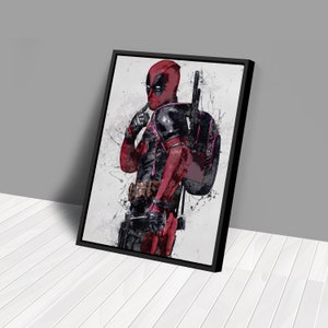 May include: A digital painting of Deadpool, a superhero, in a red and black suit with a black and white background. He is holding a gun in his right hand and has a backpack on his back.