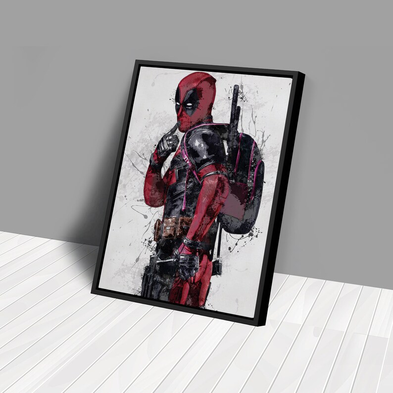 May include: A digital painting of Deadpool, a superhero, in a red and black suit with a black and white background. He is holding a gun in his right hand and has a backpack on his back.