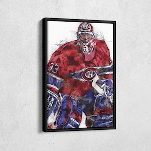 May include: Framed art print of a hockey goalie in a red jersey with the number 33. The goalie is wearing a helmet and protective gear in shades of red, blue, and white. The artwork has a watercolour effect.