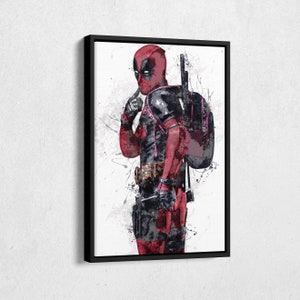 May include: A digital painting of Deadpool, a superhero, in a red and black suit with a black and white background. He is holding a gun in his right hand and has a serious expression on his face.