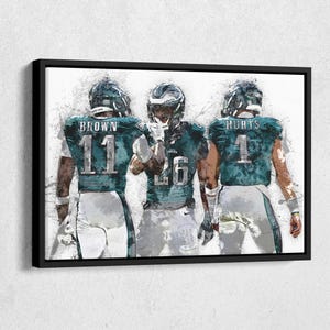 Jalen Hurts, A.J. Brown & Saquon Barkley Canvas Print – Philadelphia Eagles NFL Wall Art, Football Decor for Home, Man Cave, Gift, Poster