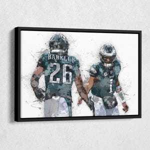 Jalen Hurts & Saquon Barkley Canvas Print – Philadelphia Eagles NFL Wall Art, Football Decor for Home, Man Cave, Sports Gift, Framed Poster
