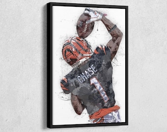 Ja'Marr Chase Bengals Stern Leinwanddruck - NFL Wandkunst, Football Dekor für Zuhause & Man Höhle, gerahmtes Poster