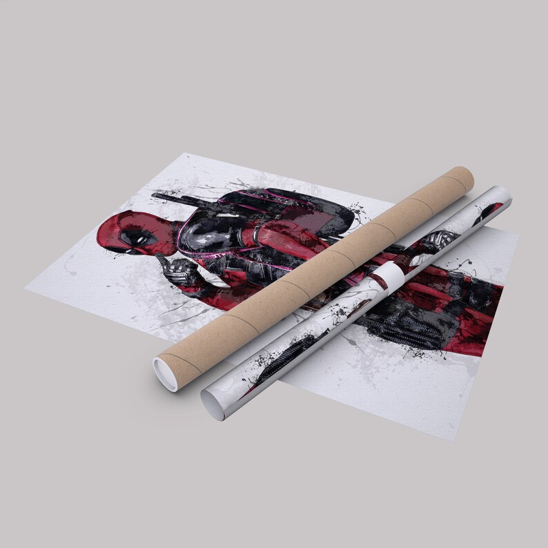May include: A poster featuring a digital illustration of Deadpool, a superhero in a red and black suit, with a pink accent, in a dynamic pose. The background is white with black splatters.