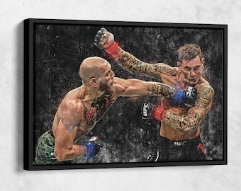 May include: A black and white canvas print of two mixed martial arts fighters in a fighting stance. The fighter on the left is wearing black shorts and a black and green shirt. The fighter on the right is wearing black shorts and a red and black shirt. Both fighters have tattoos on their arms and chests. The background is a dark gray with a grunge effect.
