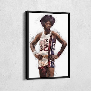 May include: A watercolor illustration of a basketball player wearing a white jersey with red and blue accents. The jersey has the word "NETS" and the number "32" on the front. The player has an afro and is standing with his hands on his hips.