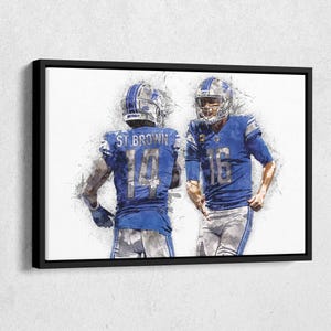 Jared Goff & Amon-Ra St. Brown Canvas Print - Detroit Lions Wall Art, NFL Decor for Home, Man Cave, Football Gift, Framed Poster
