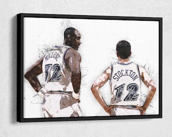 John Stockton & Karl Malone Canvas Print - Utah Jazz Wall Art, NBA Decor for Home, Man Cave, Basketball Gift, Framed Poster