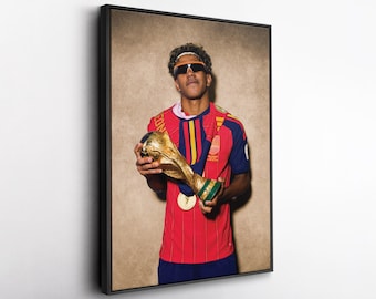 Lamine Yamal Spain World Cup Trophy Canvas Wall Art, FIFA 2026 Champions Print, Soccer Legend Poster, Football Fan Gift, Framed Decor