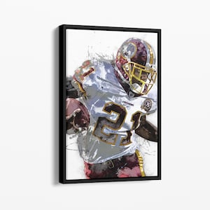 May include: A watercolor-style illustration of a football player wearing a white jersey with the number 21, a burgundy and gold helmet, and burgundy and gold pants. The player is running with the football in his hands.