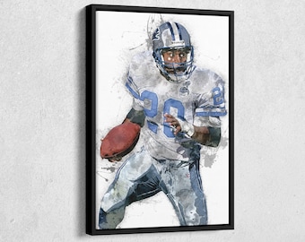 May include: A watercolor painting of a football player wearing a blue and white uniform with the number 20 on the front. The player is holding a football and running with the ball. The background is a white watercolor wash.