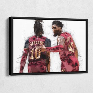 May include: Two basketball players in red and gold uniforms with a watercolor effect. The player on the left has the number 10 and the name "Garland" on the back of their jersey. The player on the right has the number 45 on the back of their jersey.