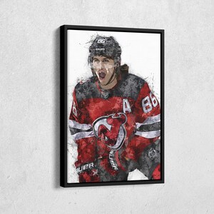 May include: A watercolor painting of a hockey player wearing a red, white, and black jersey with the number 86 on the back. The player is wearing a black helmet with a white logo and has a determined expression on his face.