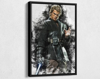 May include: A black and white digital painting of a man with blond hair wearing a dark robe and holding a lightsaber. The background is a light gray.