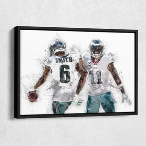 May include: A watercolor-style illustration of two football players in green and white uniforms. The player on the left has the number 6 and the name "SMITH" on the back of their jersey. The player on the right has the number 11 on their jersey.