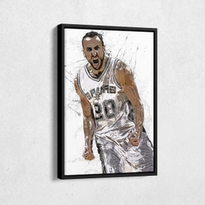 May include: A black and white digital painting of a basketball player wearing a white jersey with the word "SPURS" and the number "20" on it. The player is yelling and has a determined expression on his face.