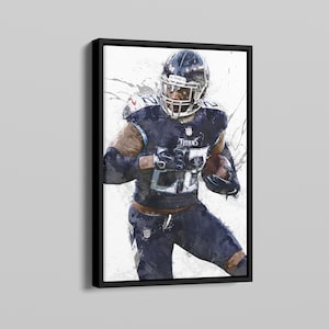 May include: A watercolor painting of a football player wearing a blue and white uniform with the word "TITANS" on the front. The player is holding a football and running with the ball. The background is white with blue and white paint splatters.