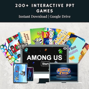Puede incluir: Imagen de juegos PPT interactivos, incluyendo "Among Us" y "Family Feud", mostrados en una computadora, tableta y teléfono. La imagen incluye el texto "200+ Interactive PPT Games" y "Instant Download | Google Drive".