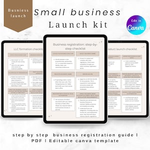 May include: A small business launch kit template displayed on three digital tablets. The kit includes checklists for LLC formation, business registration, and product launch. The text includes "Edit in Canva" and "step by step business registration guide".