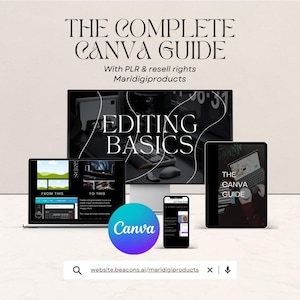 May include: A digital marketing guide titled "THE COMPLETE CANVA GUIDE" with "EDITING BASICS" on a computer screen. The image includes a tablet, phone, and the Canva logo. The guide offers PLR and resell rights.