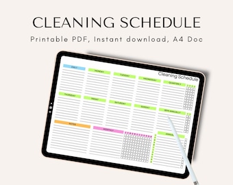 May include: A digital cleaning schedule displayed on a tablet. The schedule is divided into daily, weekly, monthly, and quarterly sections. The tablet is black with a white stylus. Text on the screen reads "CLEANING SCHEDULE" and "Printable PDF, Instant download, A4 Doc."
