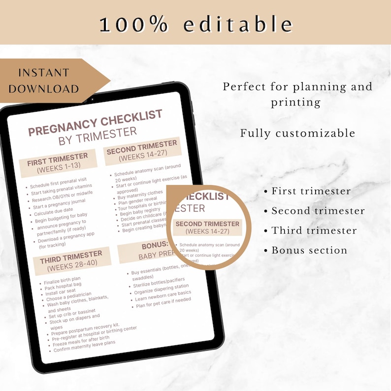 Editable Pregnancy Checklist by Trimester | Printable Maternity Planner ...