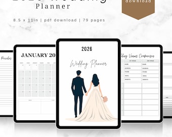 Op de afbeelding: Een 2026 Wedding Planner met de tekst "2026 Wedding Planner" en "Plan je droombruiloft moeiteloos". De planner is 21,59 x 27,94 cm groot en heeft 79 pagina's. De cover toont een stel dat elkaars hand vasthoudt.