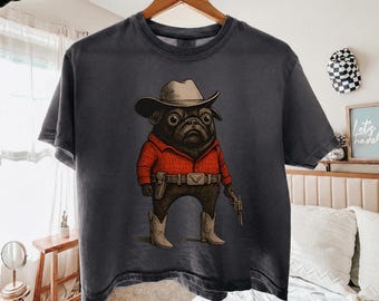 Camisa divertida de vaquero y perro carlino Comfort Colors®, camisa roja con meme de vaquero y carlino, linda camisa de vaquero y carlino, regalo para amantes de los carlinos