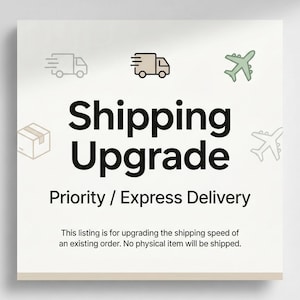 May include: A square graphic with the words "Shipping Upgrade" in large black letters. Below, it reads "Priority / Express Delivery." The image includes icons of a truck, airplane, and a box, indicating shipping options.