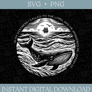 Jonah and the Whale Bible Verse SVG + PNG, Religious Digital Download, Christian VBS Digital Art, Jonah and the Big Fish, Christian Fish Art