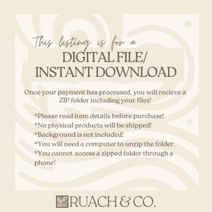 Może przedstawiać: Beżowe ogłoszenie pliku cyfrowego z tekstem "This listing is for a DIGITAL FILE/ INSTANT DOWNLOAD." Dodatkowy tekst zawiera szczeg&oacute;ły dotyczące procesu pobierania cyfrowego i logo RUACH & CO.