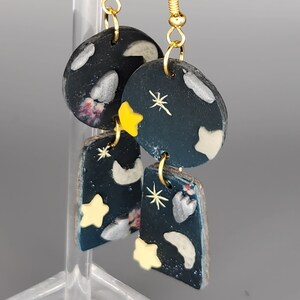 Rocket into the Galaxy Earrings | Polymer Clay Dangle Earrings | Elevated Space Earrings | Glow in the Dark | Stars and Moon