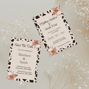 Cow print invites, boho wedding, invitation set, country invitation set, western invitation, rustic invite set, diy wedding invite, canva