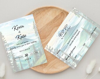 Mountain Wedding Invitation set, Invitation Template, Pine Forest wedding, Editable wedding invite set, Printable Wedding Invitations