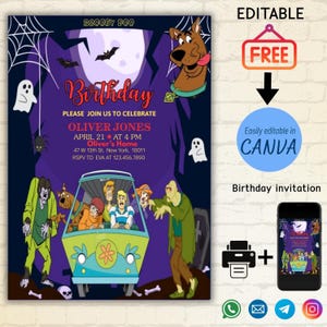 Convite para festa Scooby-doo para imprimir, convite para aniversário de menino, convite editável, festa maluca, feliz dia das bruxas, modelo de convite, instantâneo