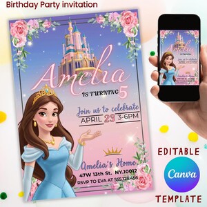 Convite para festa de aniversário com tema de princesa, convite digital para impressão, convite para festa de princesa para meninas, convite de aniversário personalizado