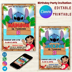 Convite para festa de aniversário Lilo e Stitch para imprimir, modelo de convite de desenho animado Lilo e Stitch, modelo editável Canva, cartão de festa infantil