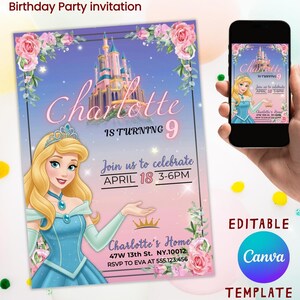 Convite para festa de aniversário com tema de princesa, convite digital para impressão, convite para festa de princesa para meninas, convite de aniversário personalizado