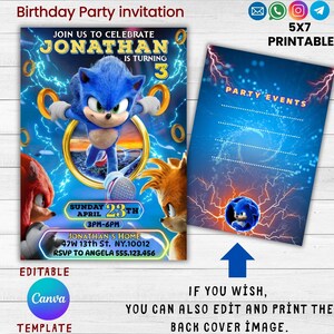 Convite de aniversário editável e imprimível Sonic, convite para meninos e meninas, download instantâneo, modelo de convite frente e verso para impressão, cartão infantil
