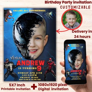 Personalisierbar mit Foto Venom Geburtstagseinladung, Gesicht veränderbare Einladung, Venom Einladungskarte, Superhelden Geburtstag einladen, Printable