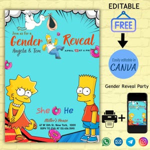 Simpsons afdrukbare baby gender reveal party, canvas bewerkbare sjabloon verjaardagsfeestje sjabloonuitnodiging, crazy party, cartoon verjaardagsuitnodiging thema