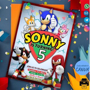 Invitation de fête d'anniversaire pour enfants Sonic le hérisson, carte d'anniversaire sonic, invitation imprimable, invitation sur le thème de la bande dessinée