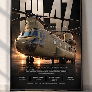 May include: A framed poster featuring a tan CH-47 Chinook helicopter on a dark runway at sunset. Large text reads CH-47 CHINOOK. Technical specifications include max speed 315 km/h, combat range 740 km, service ceiling 5,640 m, and weight 22,680 kg.