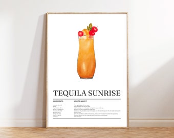 Tequila Sunrise Drink Recipe Print Bar Cart Decor Drink Recipe Wall Art Aesthetic Kitchen Art Digital Download 1 Print