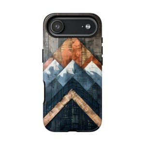 May include: A black phone case with a mountain range design. The mountains are made of wooden planks in shades of brown, orange, blue, and gray. The case has a camera lens and flash.