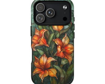 Funda resistente MagSafe® para iPhone con diseño de lirio tigre naranja, lirio de fuego, flores naranjas, fundas florales para teléfono, efecto vitral, BLNK