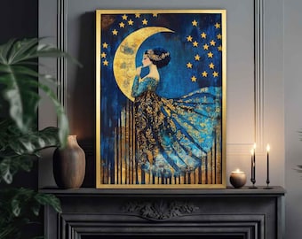 Asteria Goddess Wall Art Print | Celestial, Ethereal Woman with Moon & Stars | Greek Mythology Art Deco Abstract Poster | Framed or Unframed