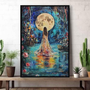 May include: A painting depicting a woman standing in a body of water with a large, full moon behind her. The woman is wearing a long, flowing dress and the water is a vibrant blue with splashes of yellow and orange. The moon is a bright yellow and the sky is a dark blue with stars.