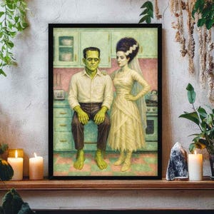 Frankenstein & Bride in Kitchen Wall Art Print | Retro Horror Couple in Pastel Home | Funny Spooky Gothic Halloween Decor or Wedding Gift